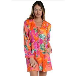 La Blanca Women's Isla Del Sol Lace-Up Tunic Cover-Up Dress XS Tropical Resort